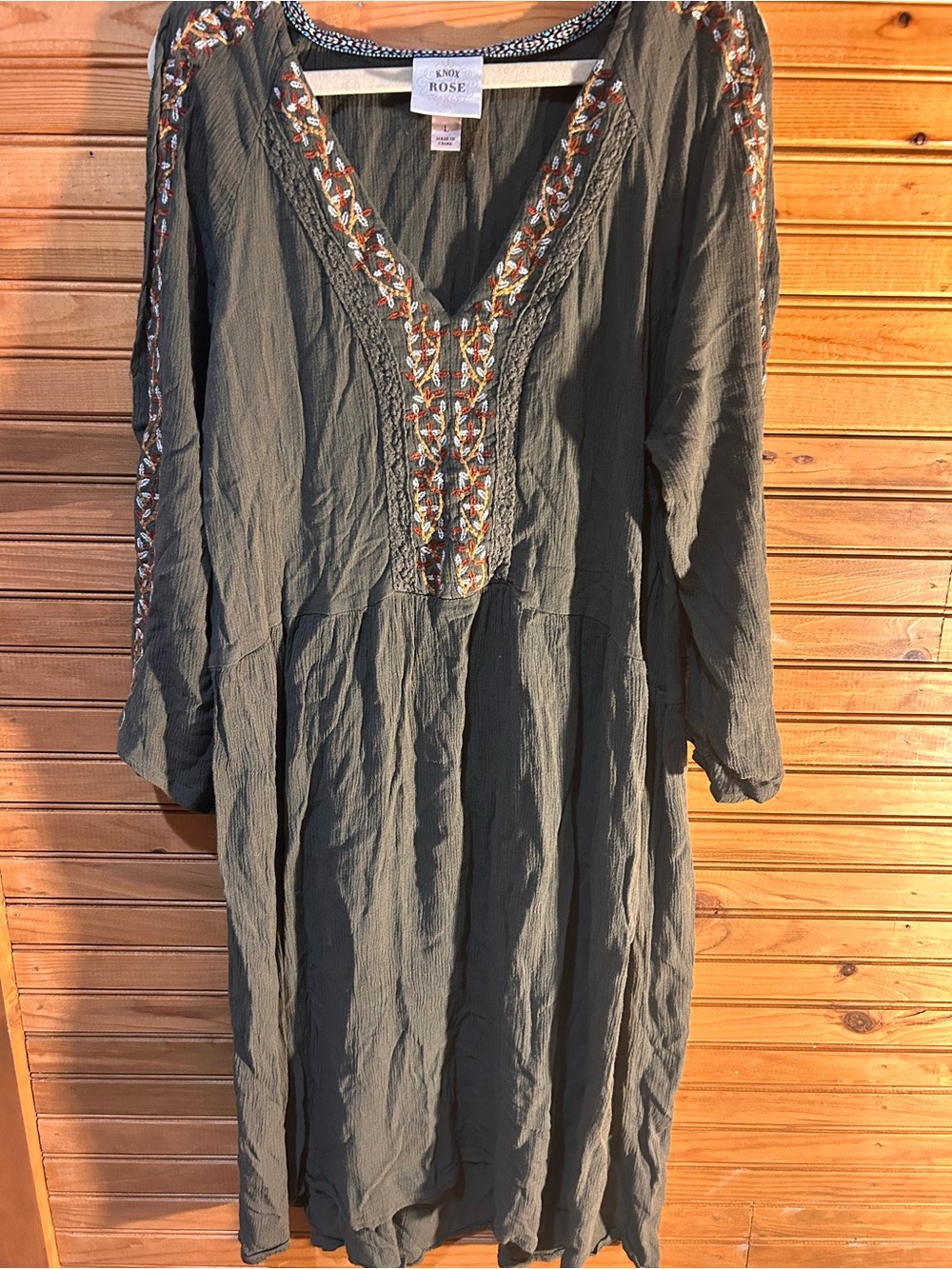 Knox Rose Olive Midi Dress with Embroidered V-Neck